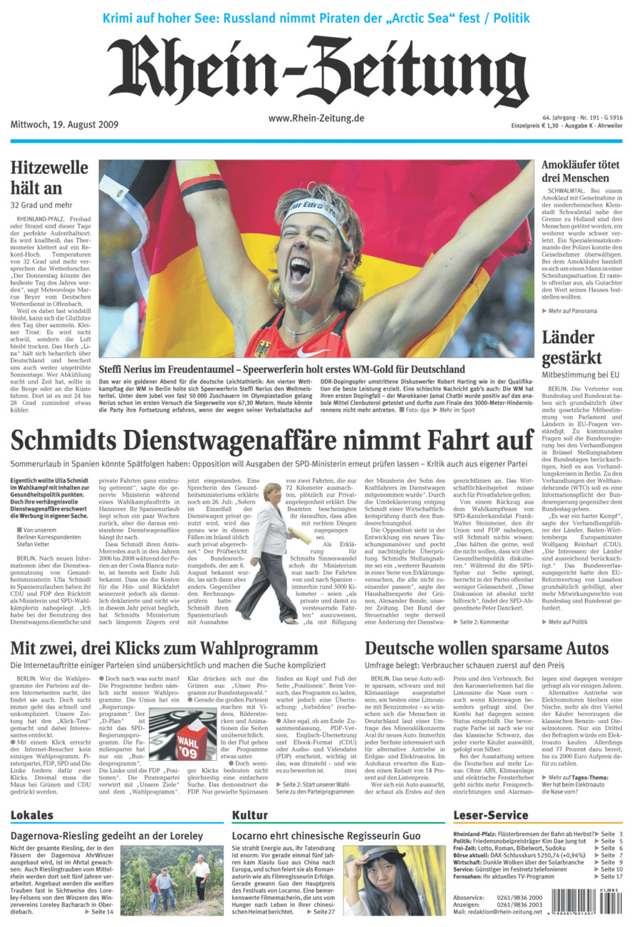 Rhein-Zeitung Kreis Ahrweiler vom Mittwoch, 19.08.2009