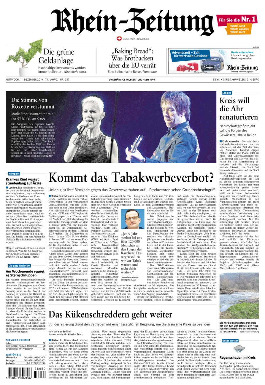 Rhein-Zeitung Kreis Ahrweiler vom Mittwoch, 11.12.2019