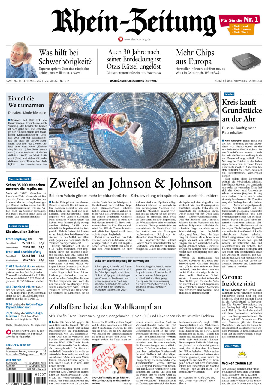 Rhein-Zeitung Kreis Ahrweiler vom Samstag, 18.09.2021