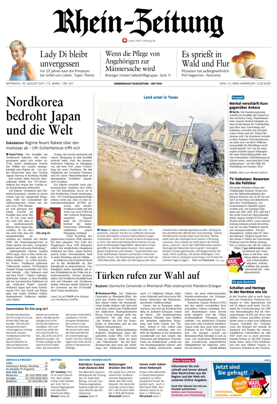 Rhein-Zeitung Kreis Ahrweiler vom Mittwoch, 30.08.2017