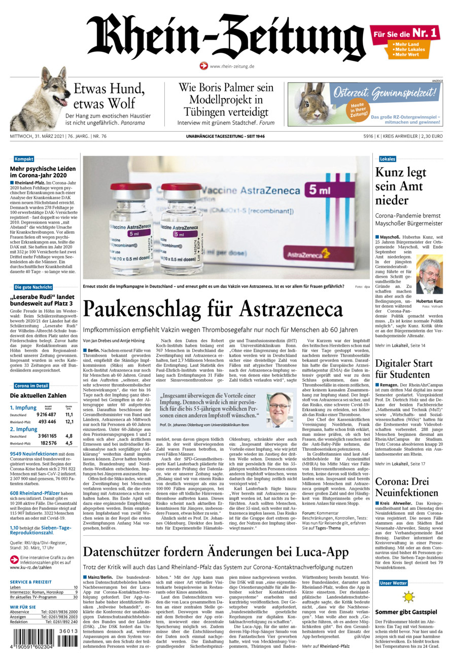 Rhein-Zeitung Kreis Ahrweiler vom Mittwoch, 31.03.2021