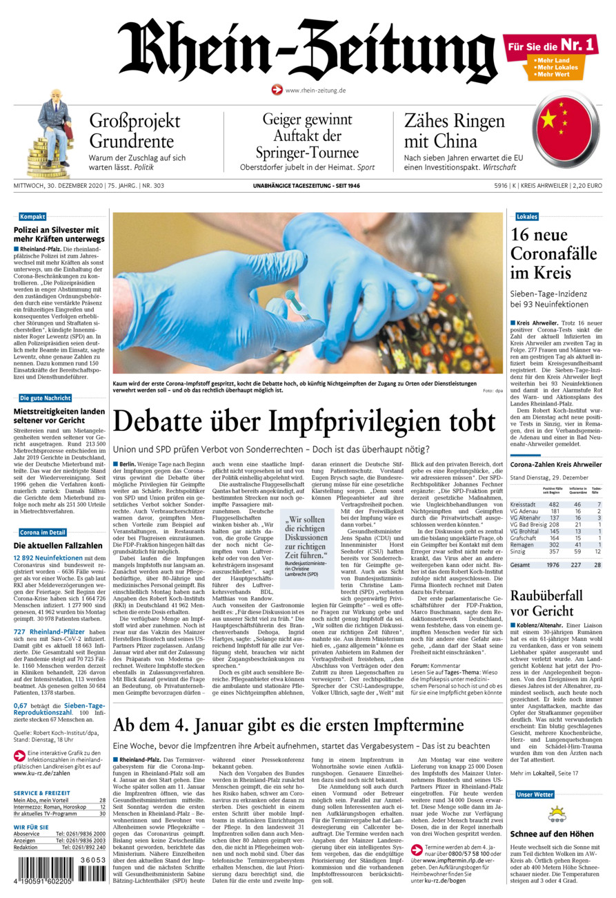 Rhein-Zeitung Kreis Ahrweiler vom Mittwoch, 30.12.2020