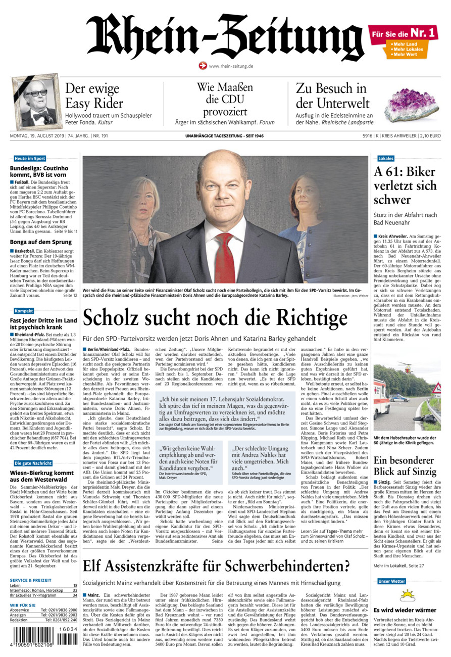 Rhein-Zeitung Kreis Ahrweiler vom Montag, 19.08.2019