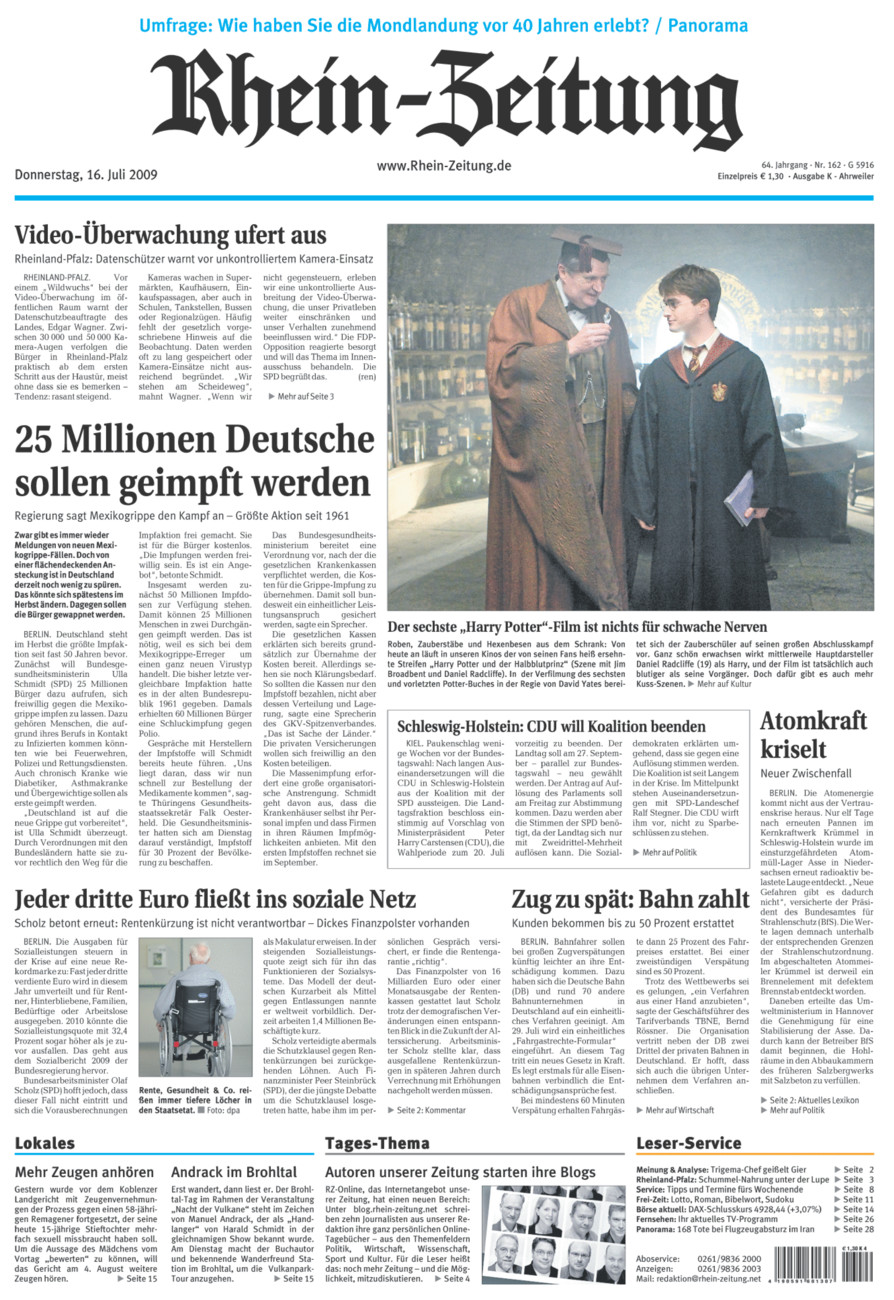 Rhein-Zeitung Kreis Ahrweiler vom Donnerstag, 16.07.2009