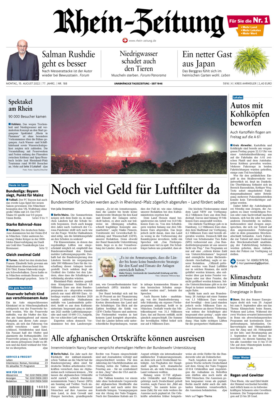 Rhein-Zeitung Kreis Ahrweiler vom Montag, 15.08.2022