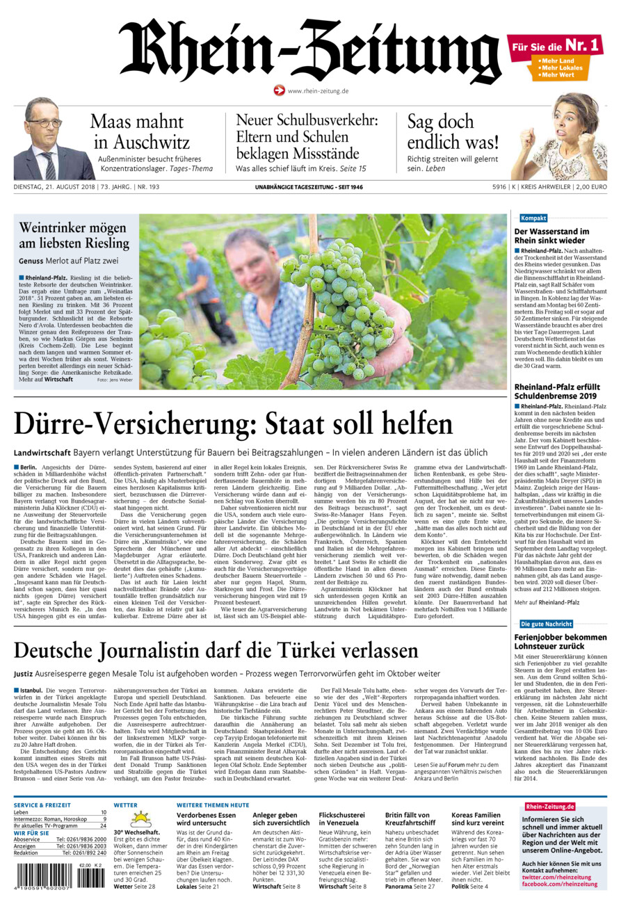 Rhein-Zeitung Kreis Ahrweiler vom Dienstag, 21.08.2018