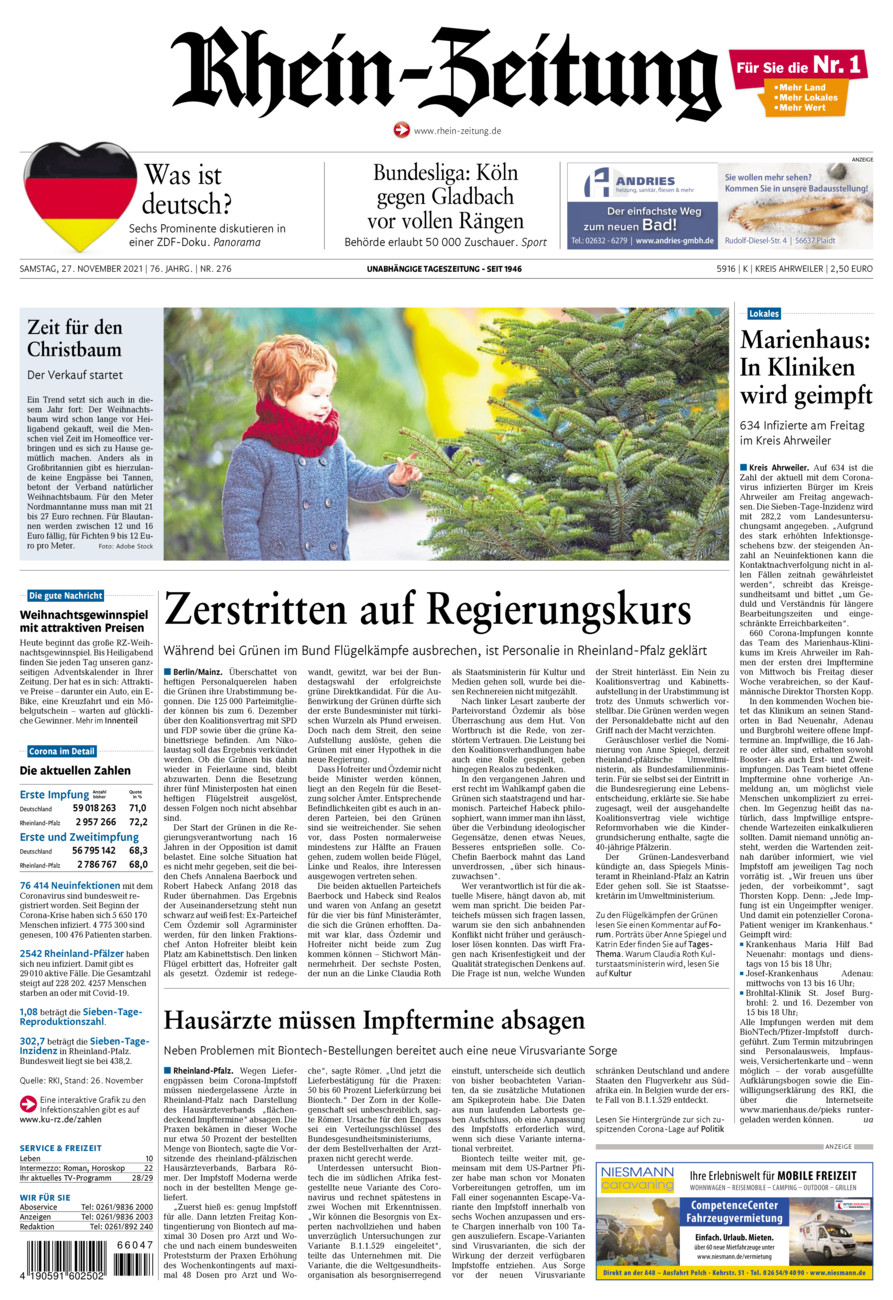 Rhein-Zeitung Kreis Ahrweiler vom Samstag, 27.11.2021