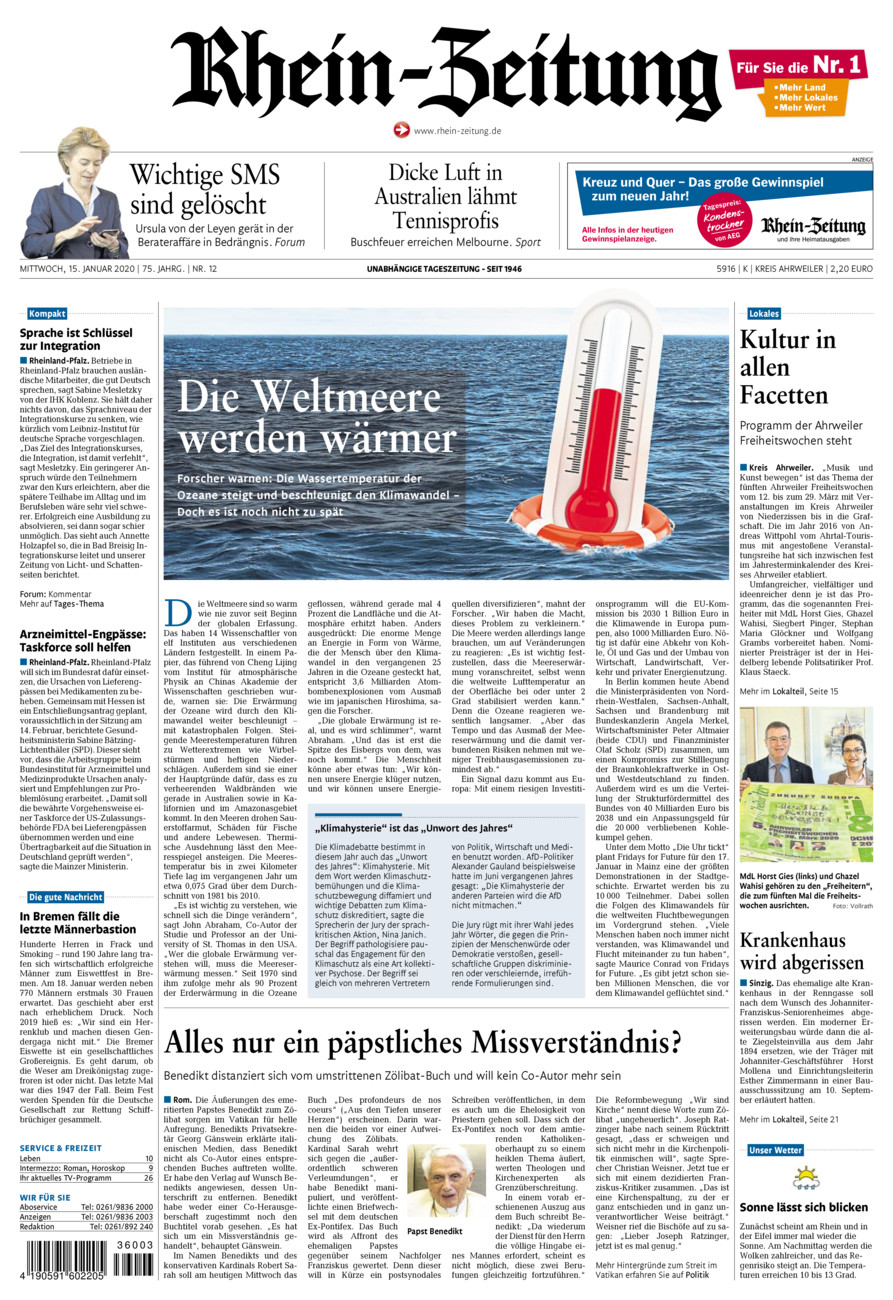 Rhein-Zeitung Kreis Ahrweiler vom Mittwoch, 15.01.2020