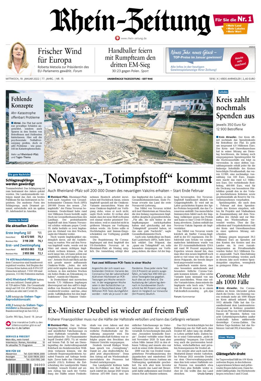 Rhein-Zeitung Kreis Ahrweiler vom Mittwoch, 19.01.2022