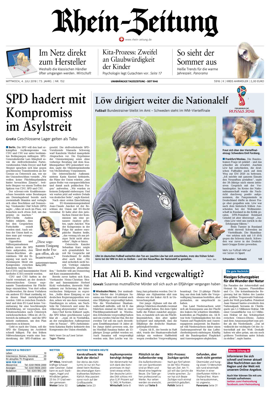 Rhein-Zeitung Kreis Ahrweiler vom Mittwoch, 04.07.2018