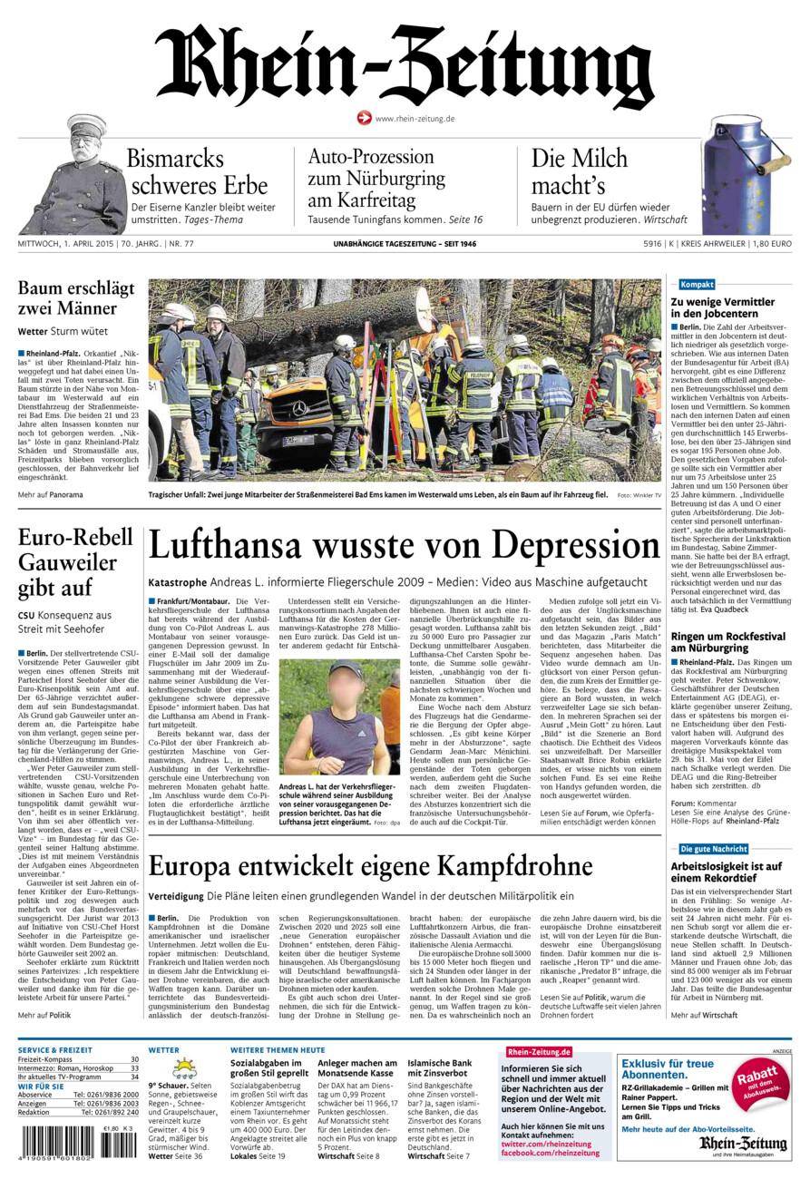 Rhein-Zeitung Kreis Ahrweiler vom Mittwoch, 01.04.2015
