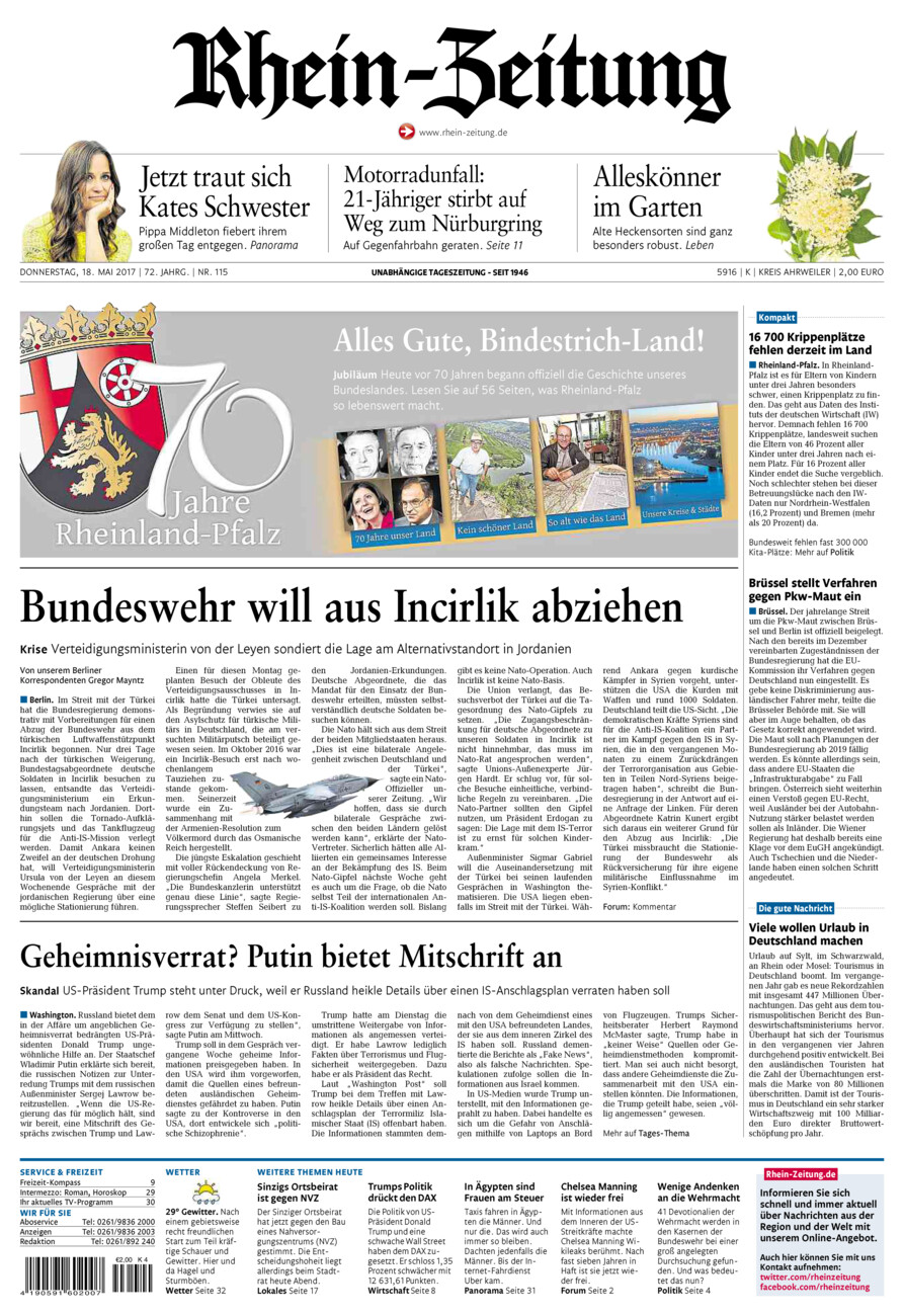Rhein-Zeitung Kreis Ahrweiler vom Donnerstag, 18.05.2017