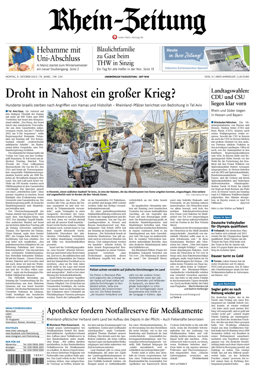 Rhein-Zeitung Kreis Ahrweiler vom Montag, 09.10.2023