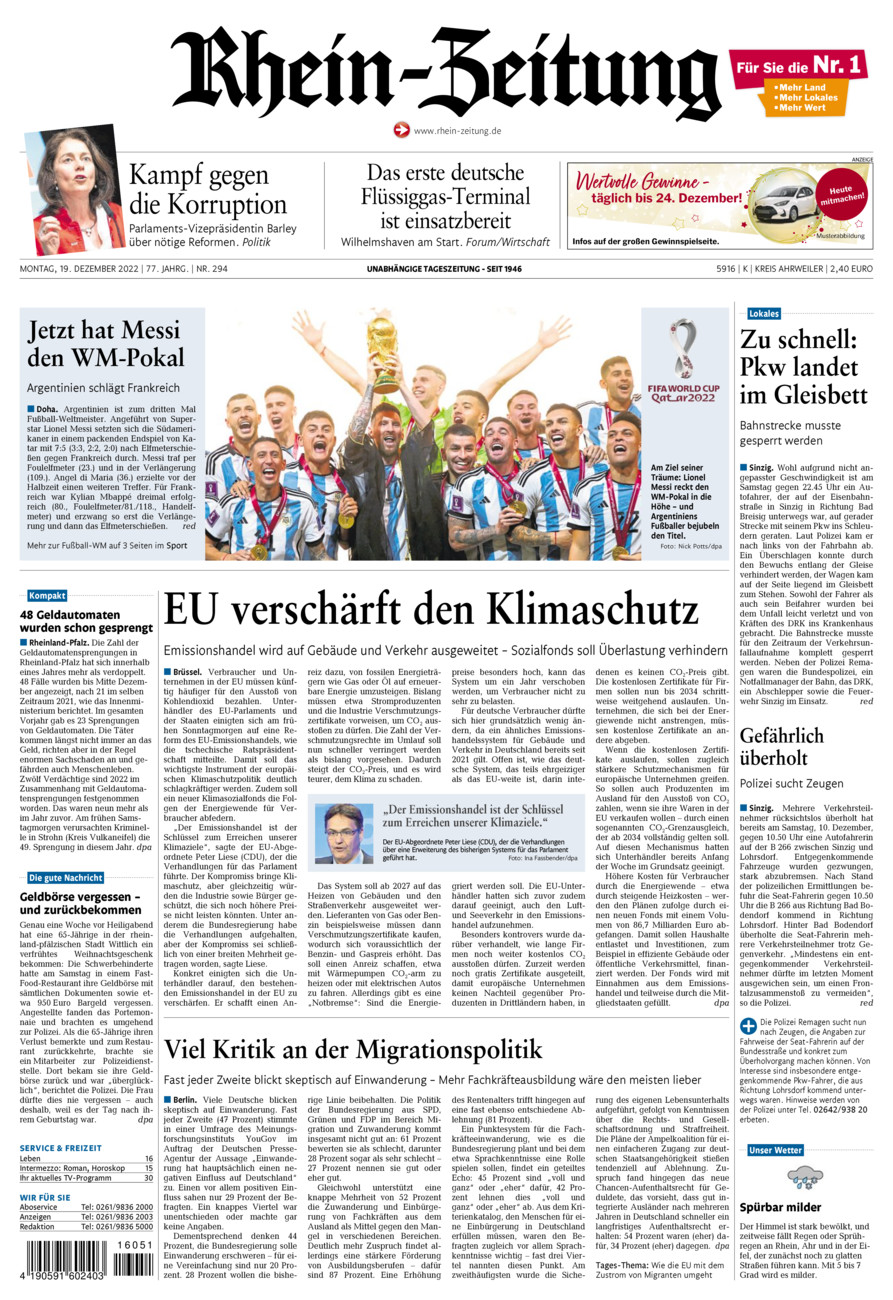 Rhein-Zeitung Kreis Ahrweiler vom Montag, 19.12.2022