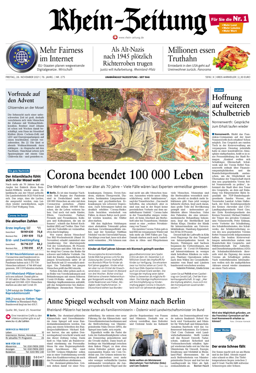 Rhein-Zeitung Kreis Ahrweiler vom Freitag, 26.11.2021