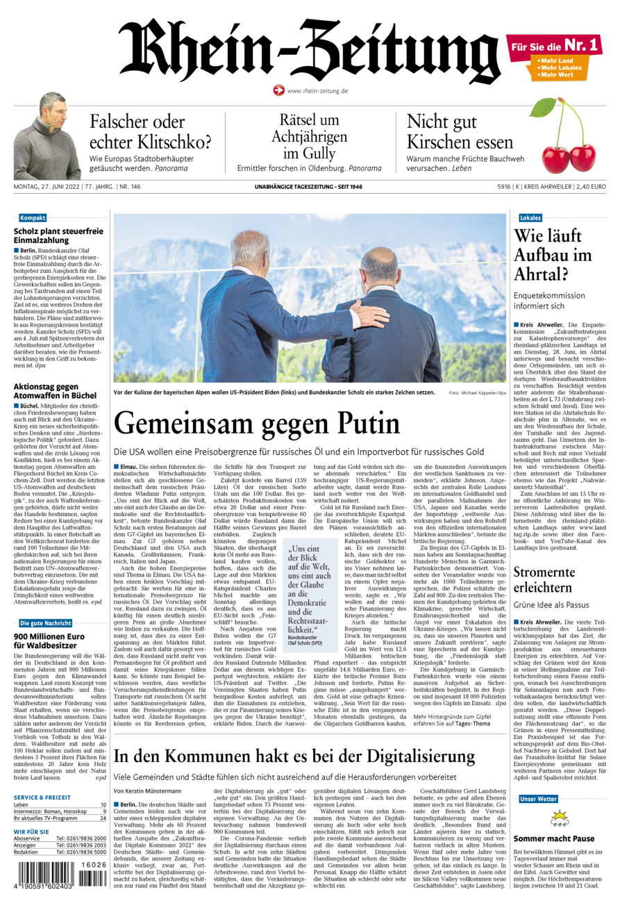 Rhein-Zeitung Kreis Ahrweiler vom Montag, 27.06.2022