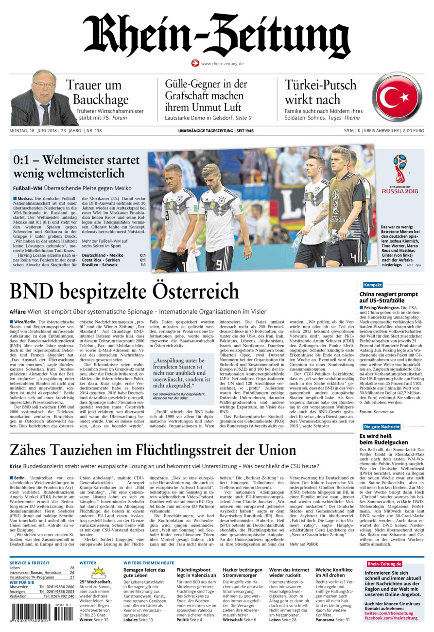 Rhein-Zeitung Kreis Ahrweiler vom Montag, 18.06.2018