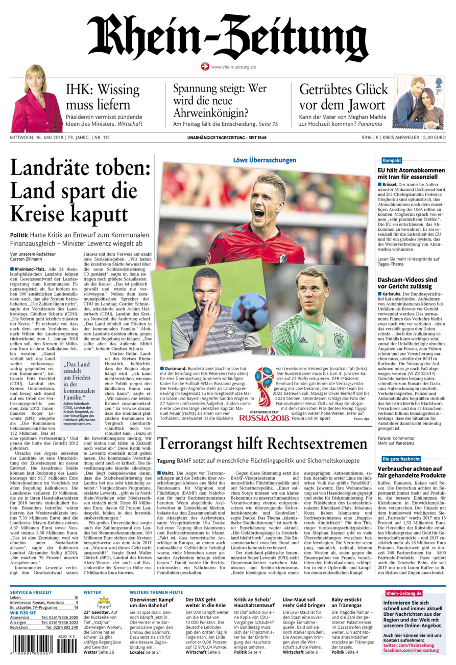 Rhein-Zeitung Kreis Ahrweiler vom Mittwoch, 16.05.2018