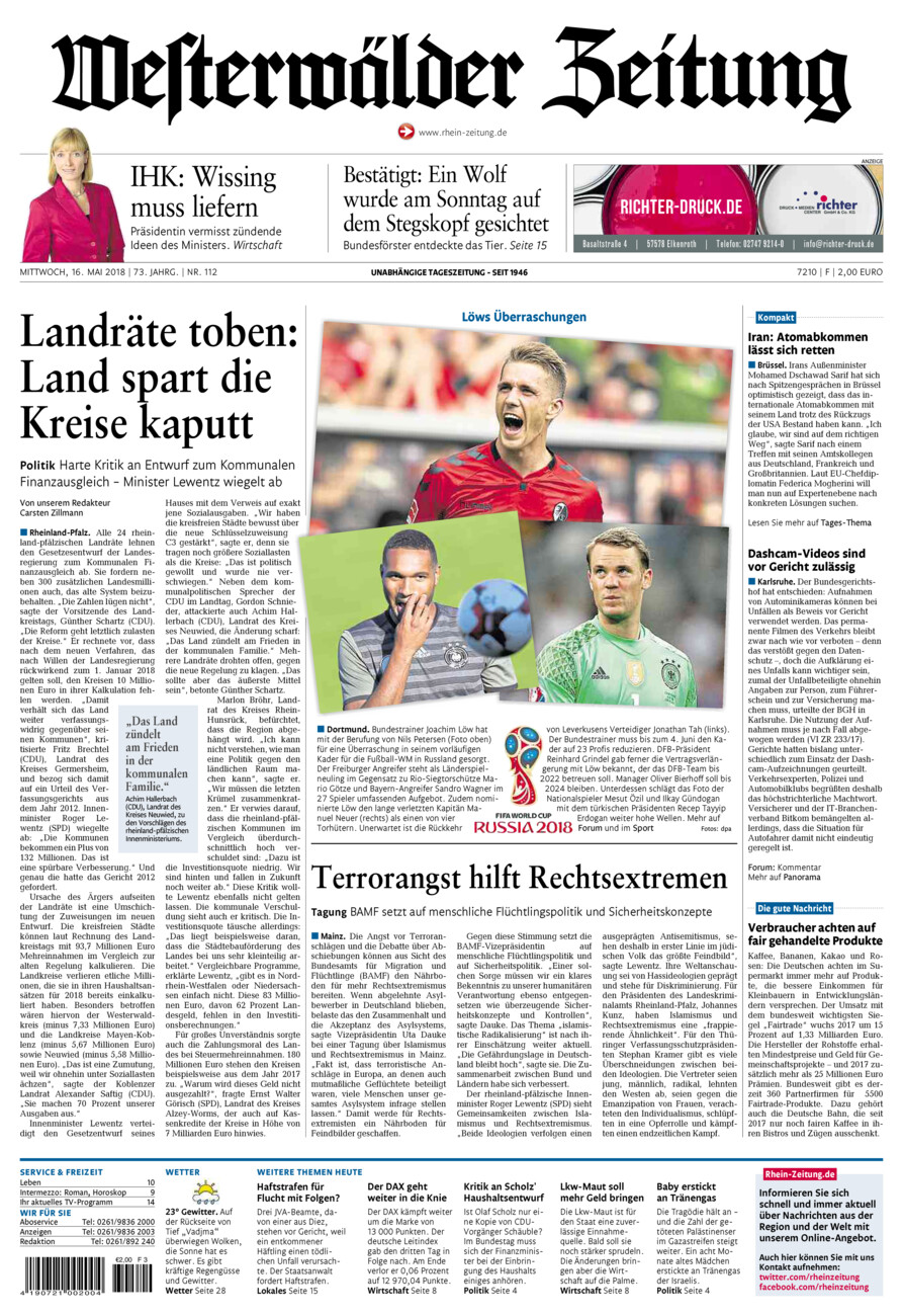 Westerwälder Zeitung vom Mittwoch, 16.05.2018