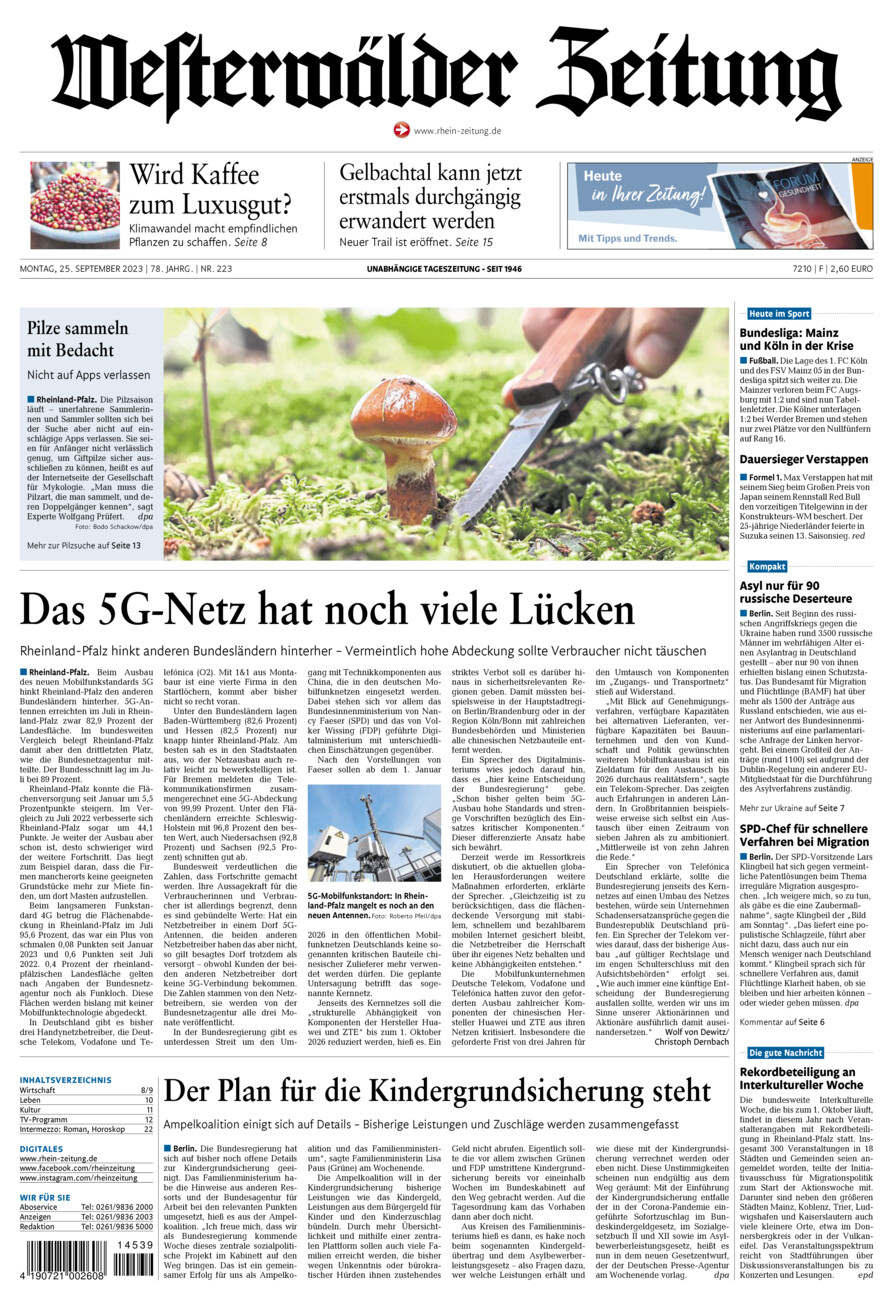 Westerwälder Zeitung vom Montag, 25.09.2023