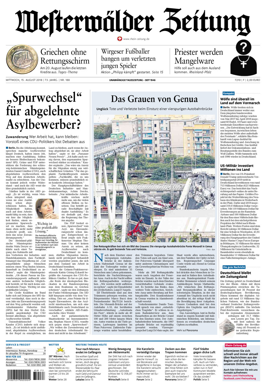 Westerwälder Zeitung vom Mittwoch, 15.08.2018