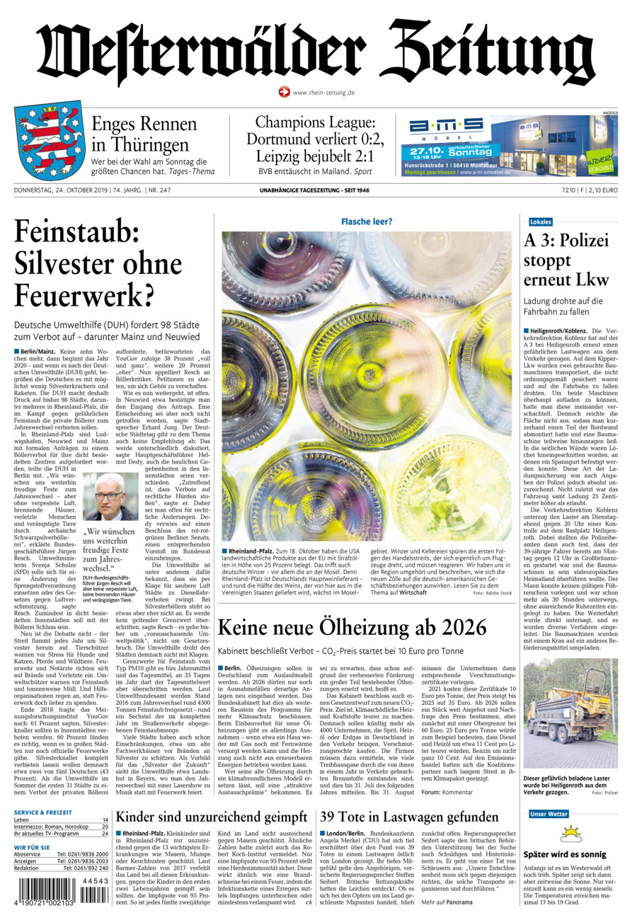 Westerwälder Zeitung vom Donnerstag, 24.10.2019