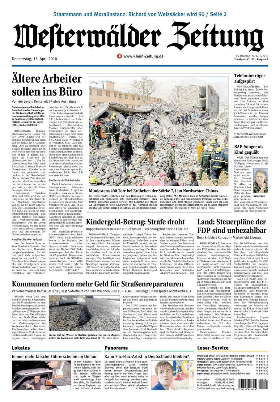 Westerwälder Zeitung vom Donnerstag, 15.04.2010
