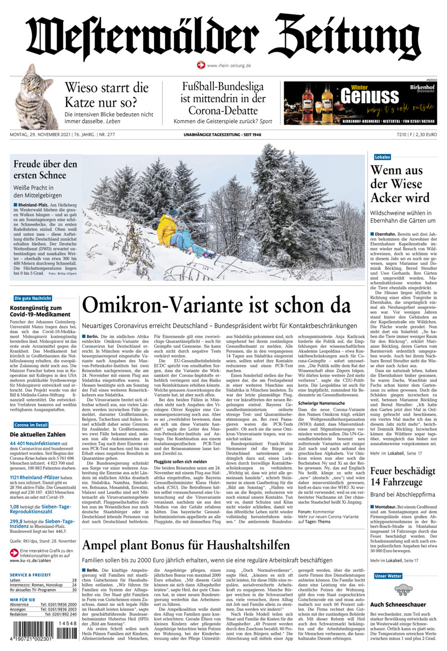Westerwälder Zeitung vom Montag, 29.11.2021
