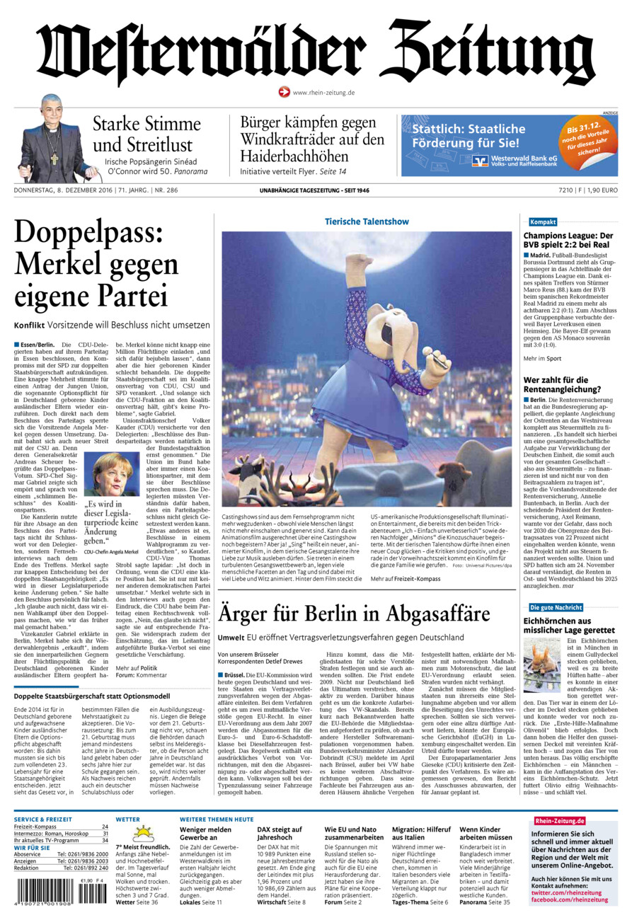 Westerwälder Zeitung vom Donnerstag, 08.12.2016