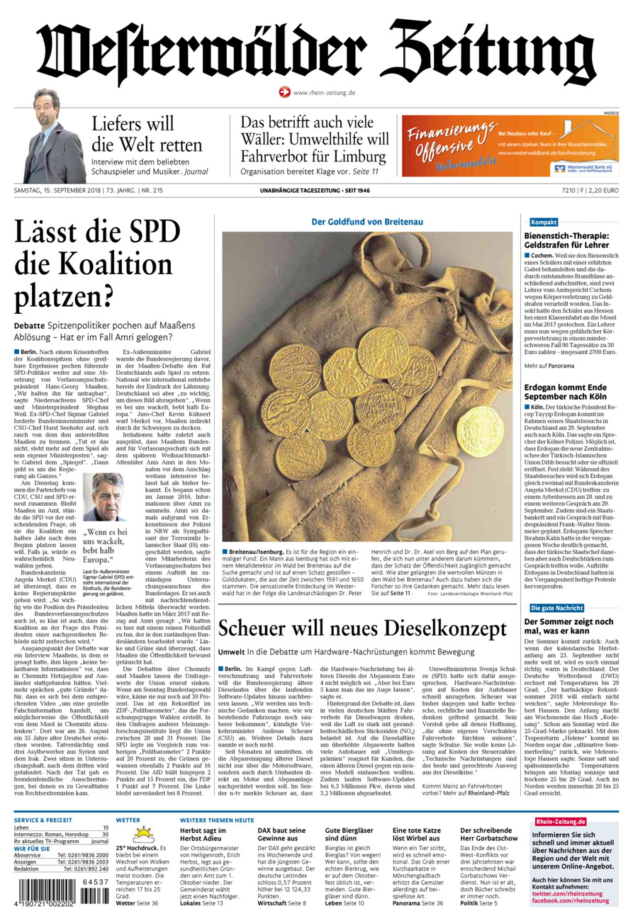 Westerwälder Zeitung vom Samstag, 15.09.2018