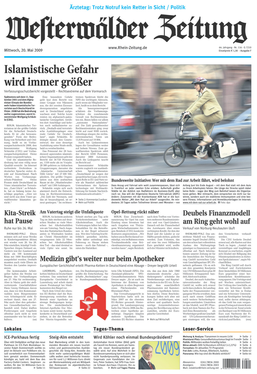 Westerwälder Zeitung vom Mittwoch, 20.05.2009