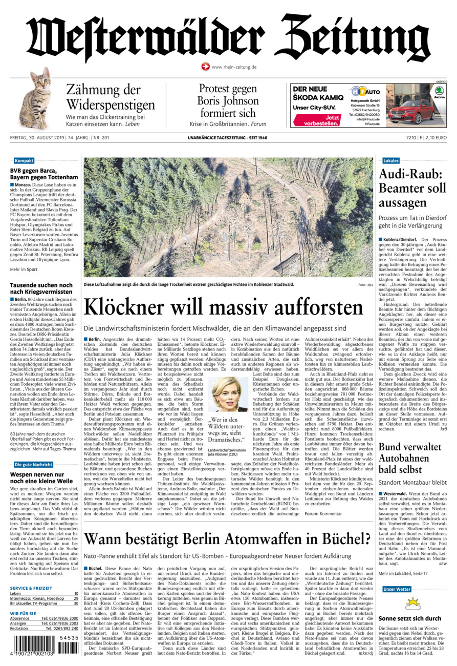 Westerwälder Zeitung vom Freitag, 30.08.2019