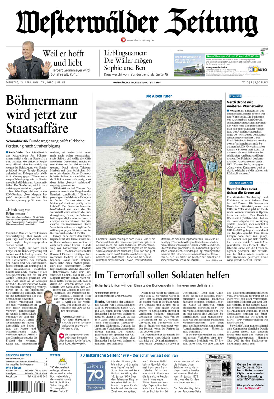 Westerwälder Zeitung vom Dienstag, 12.04.2016