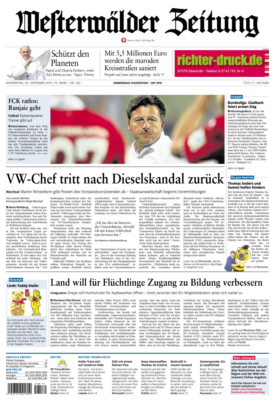 Westerwälder Zeitung vom Donnerstag, 24.09.2015