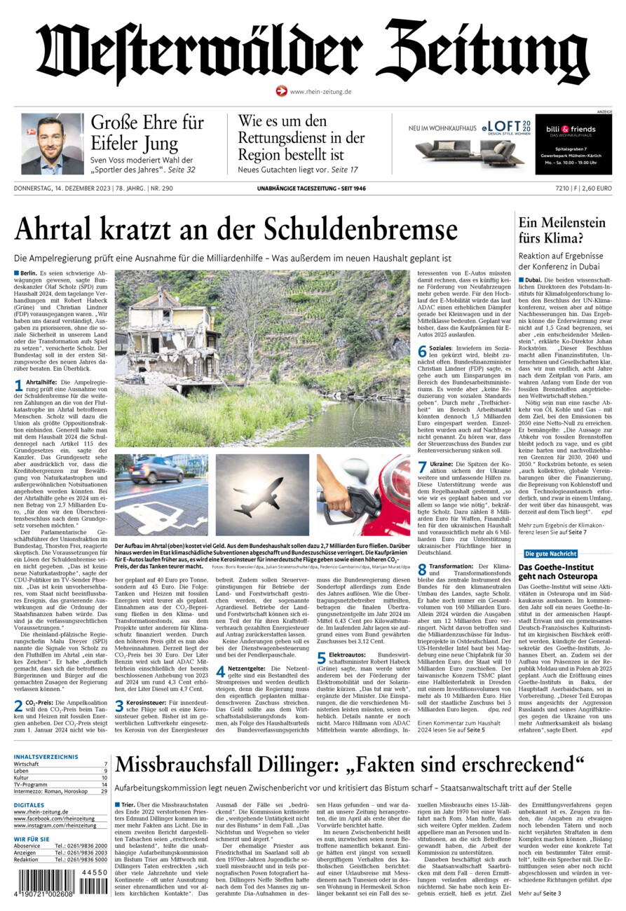 Westerwälder Zeitung vom Donnerstag, 14.12.2023