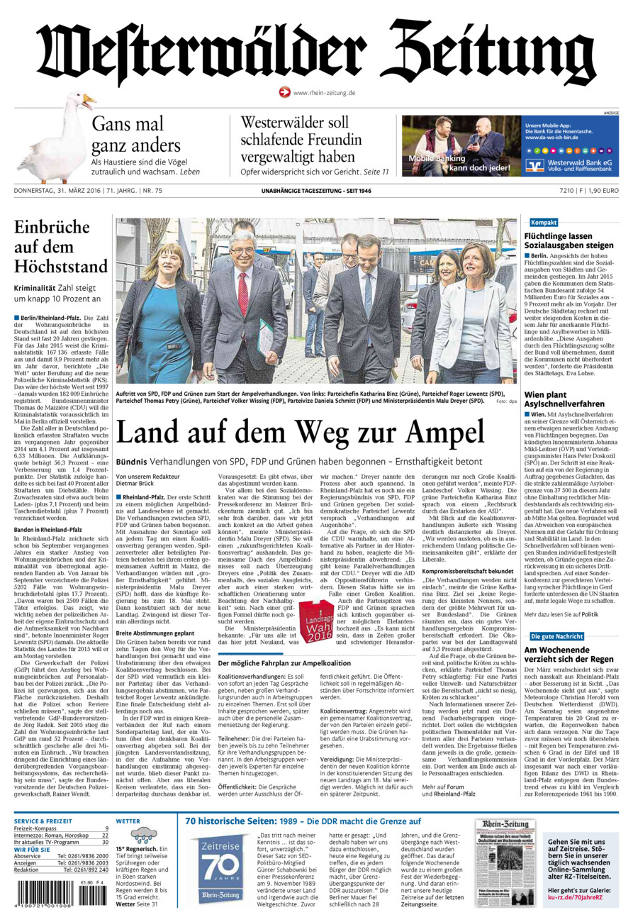 Westerwälder Zeitung vom Donnerstag, 31.03.2016