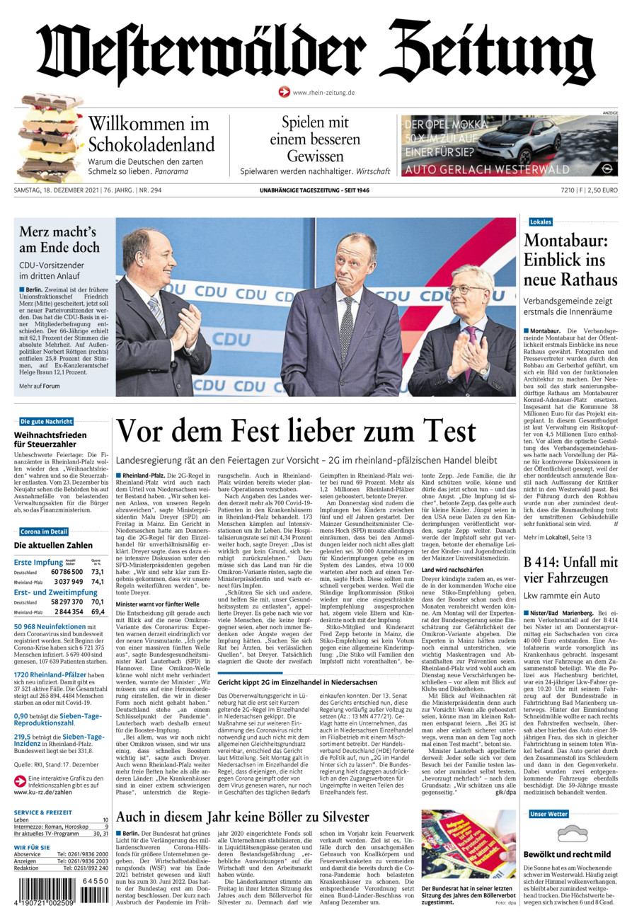 Westerwälder Zeitung vom Samstag, 18.12.2021