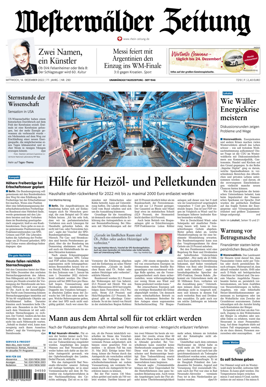 Westerwälder Zeitung vom Mittwoch, 14.12.2022