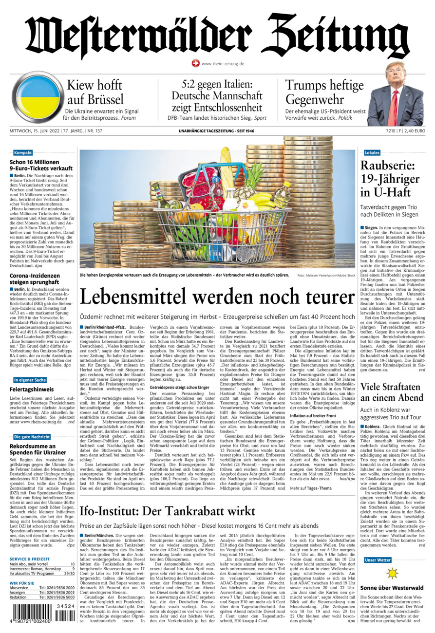 Westerwälder Zeitung vom Mittwoch, 15.06.2022