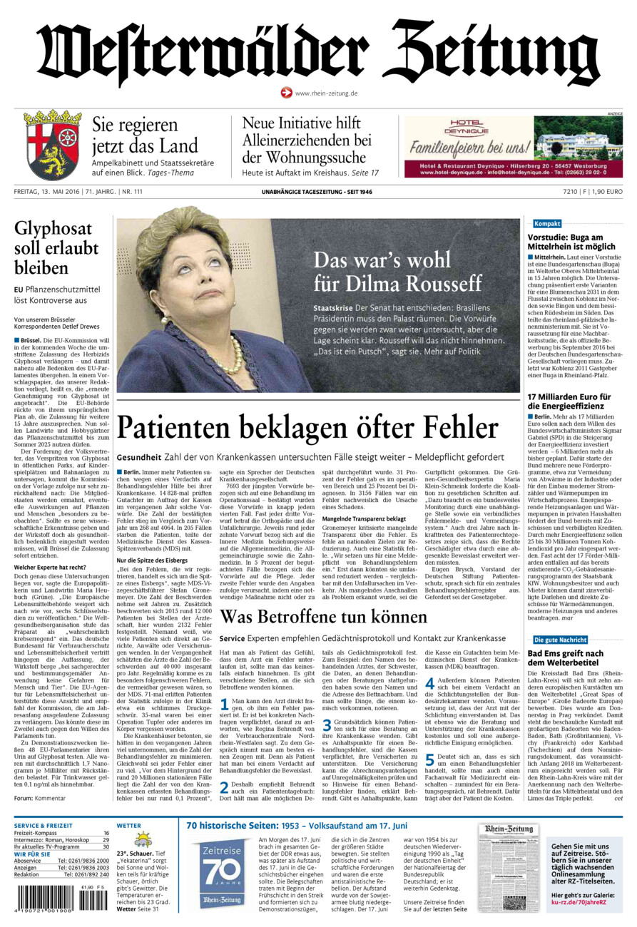 Westerwälder Zeitung vom Freitag, 13.05.2016