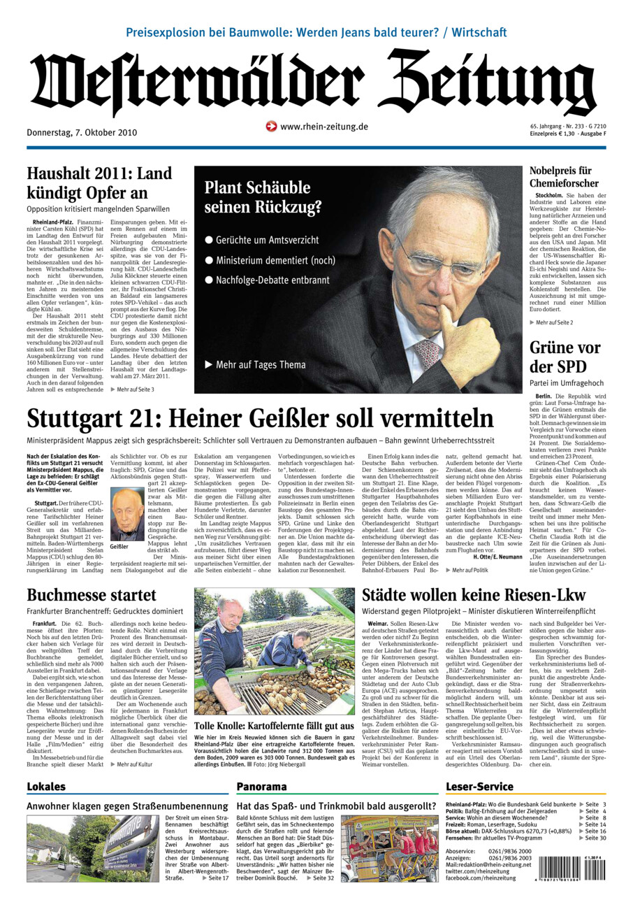 Westerwälder Zeitung vom Donnerstag, 07.10.2010