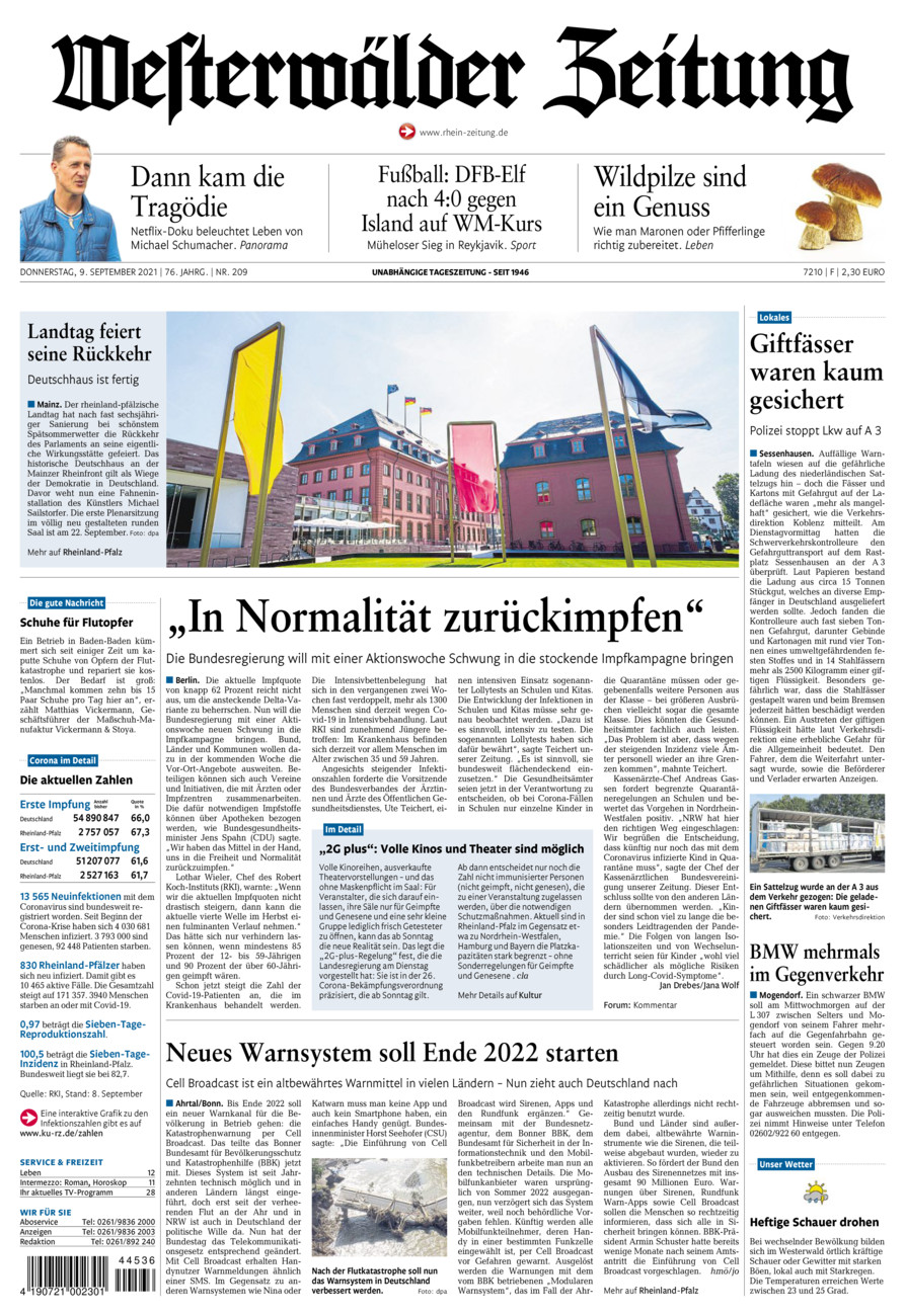 Westerwälder Zeitung vom Donnerstag, 09.09.2021