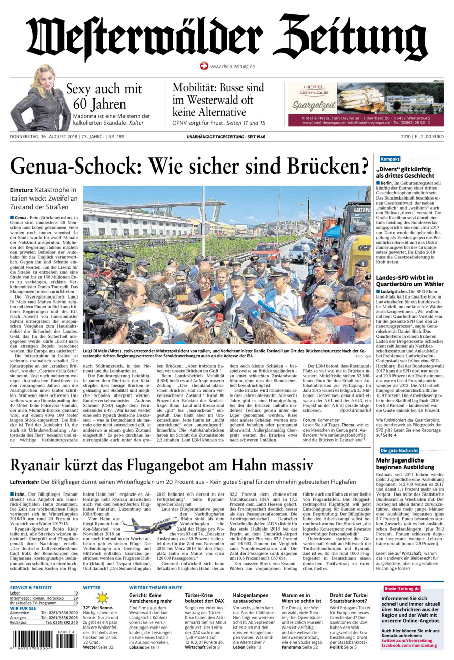 Westerwälder Zeitung vom Donnerstag, 16.08.2018
