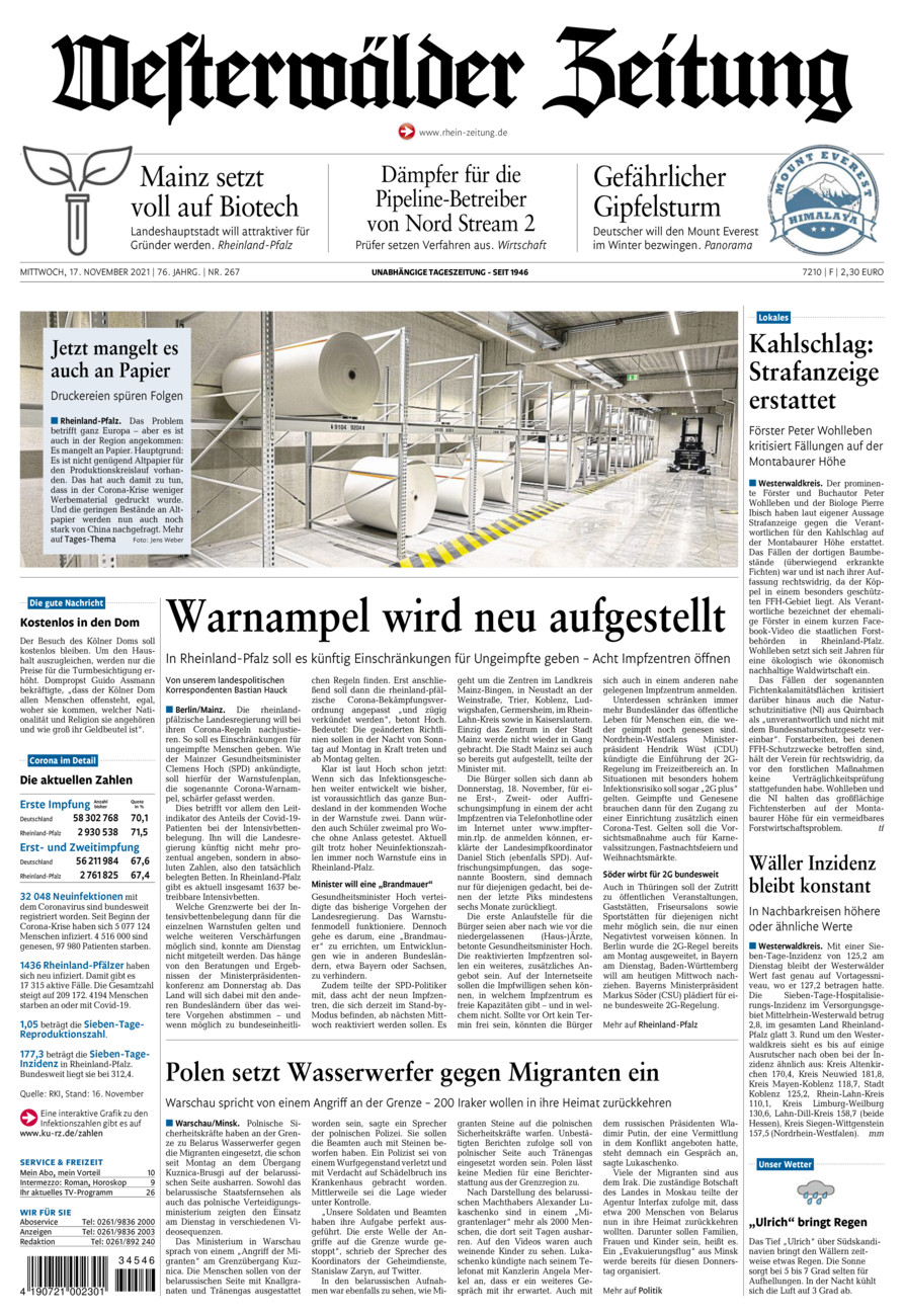 Westerwälder Zeitung vom Mittwoch, 17.11.2021