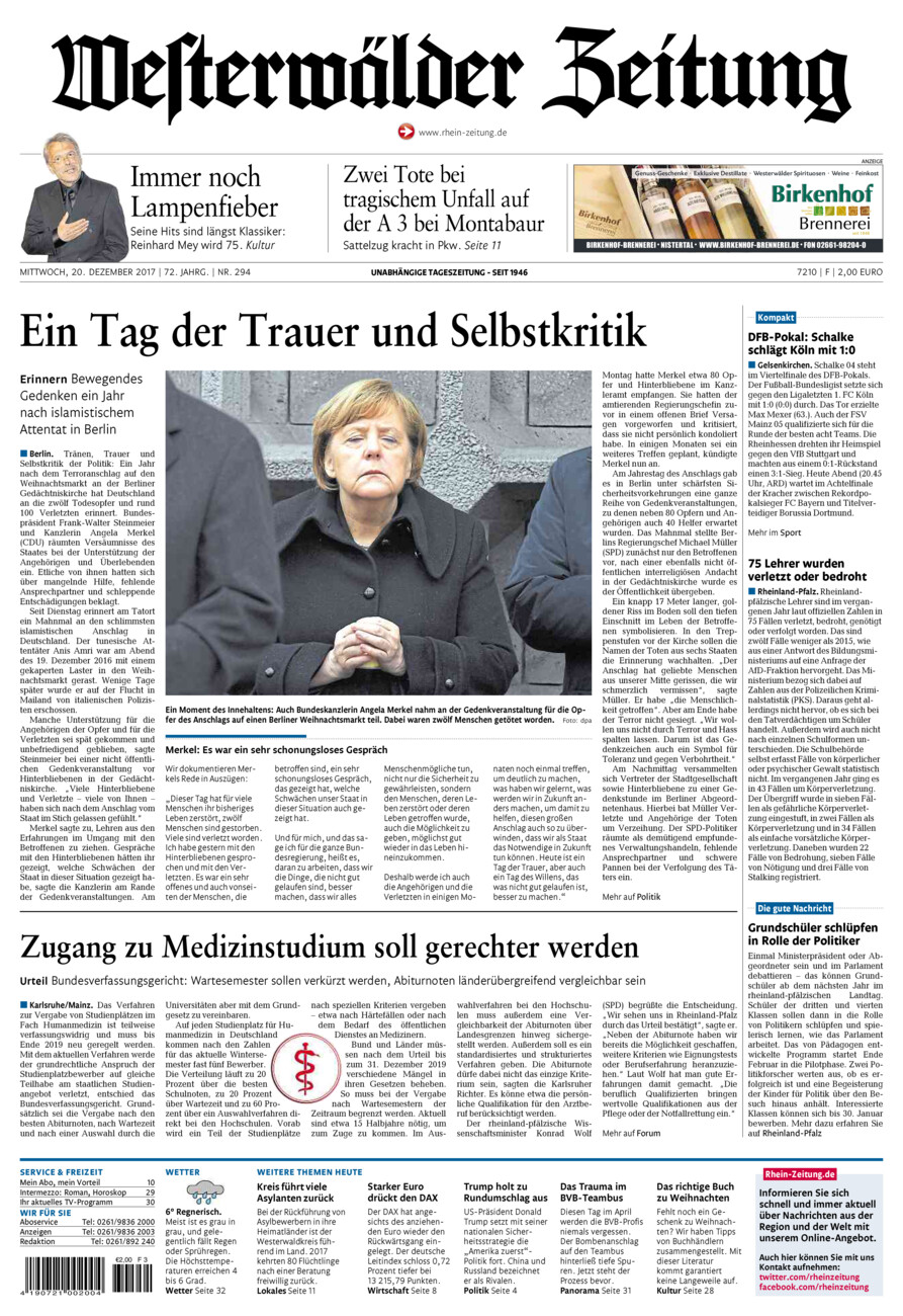 Westerwälder Zeitung vom Mittwoch, 20.12.2017