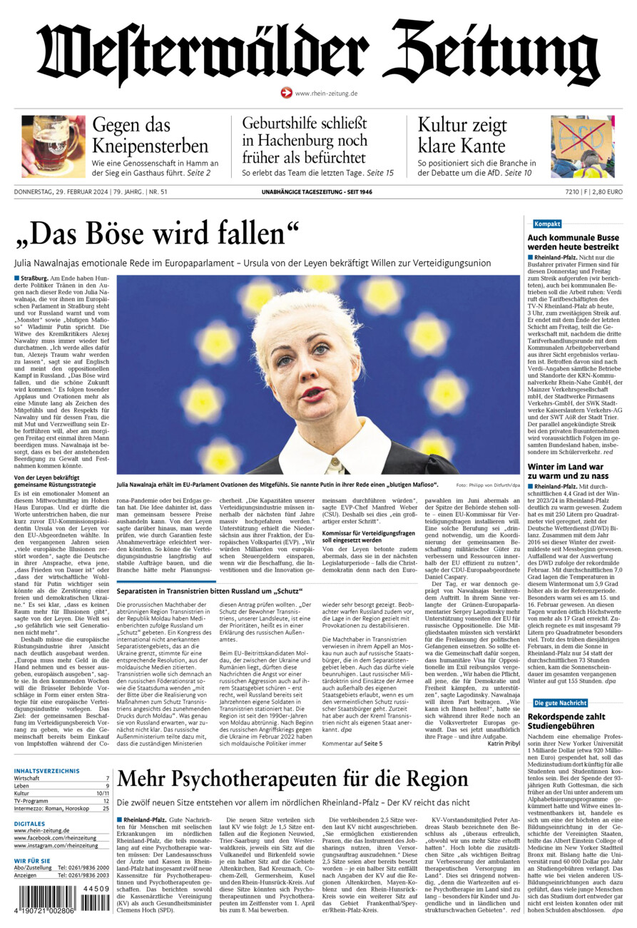 Westerwälder Zeitung vom Donnerstag, 29.02.2024