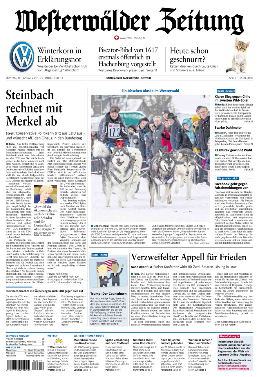 Westerwälder Zeitung vom Montag, 16.01.2017