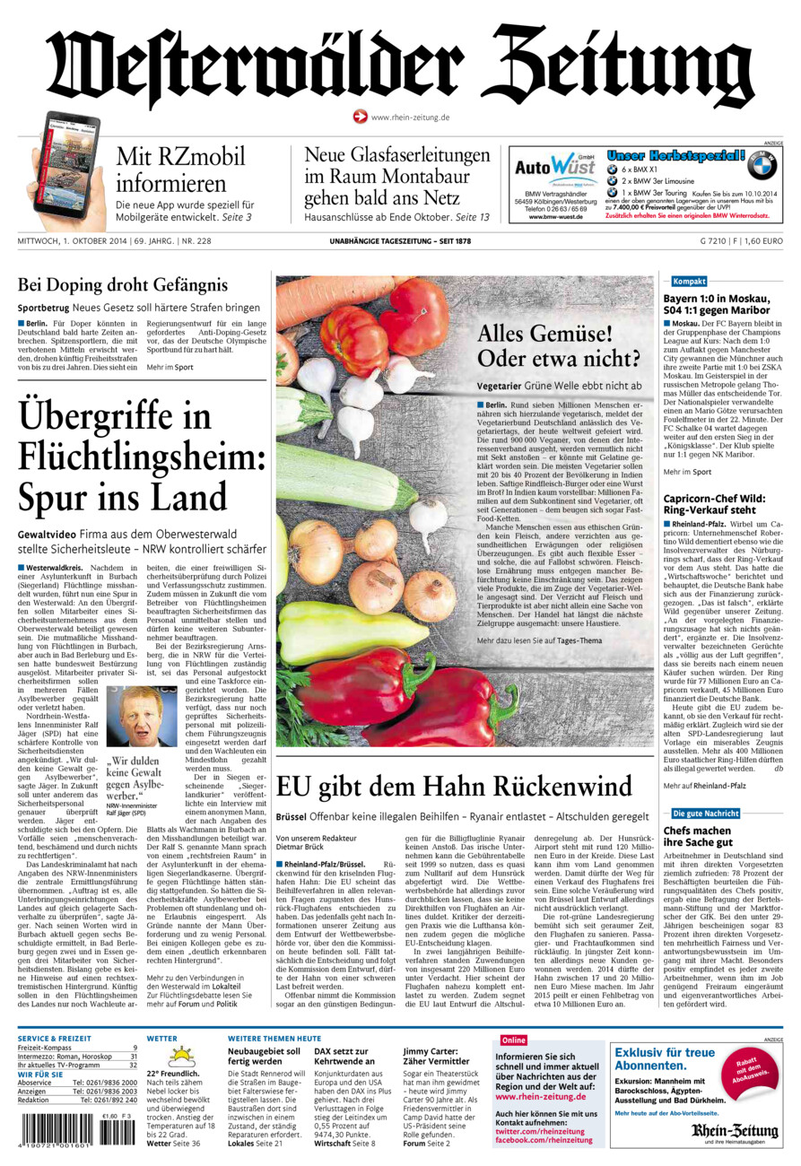 Westerwälder Zeitung vom Mittwoch, 01.10.2014