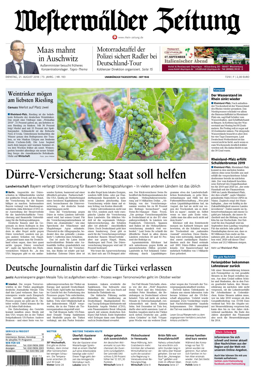 Westerwälder Zeitung vom Dienstag, 21.08.2018