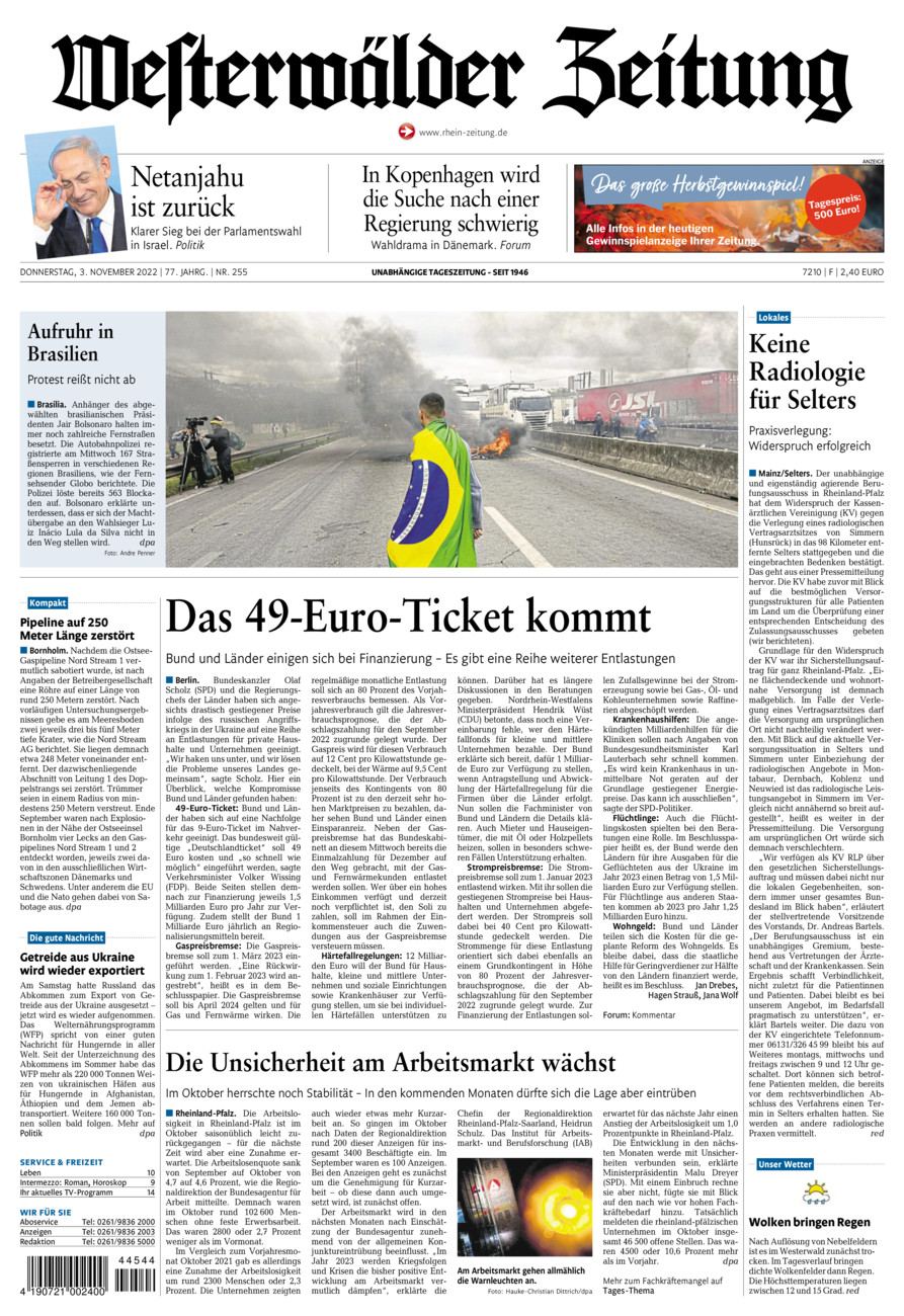 Westerwälder Zeitung vom Donnerstag, 03.11.2022
